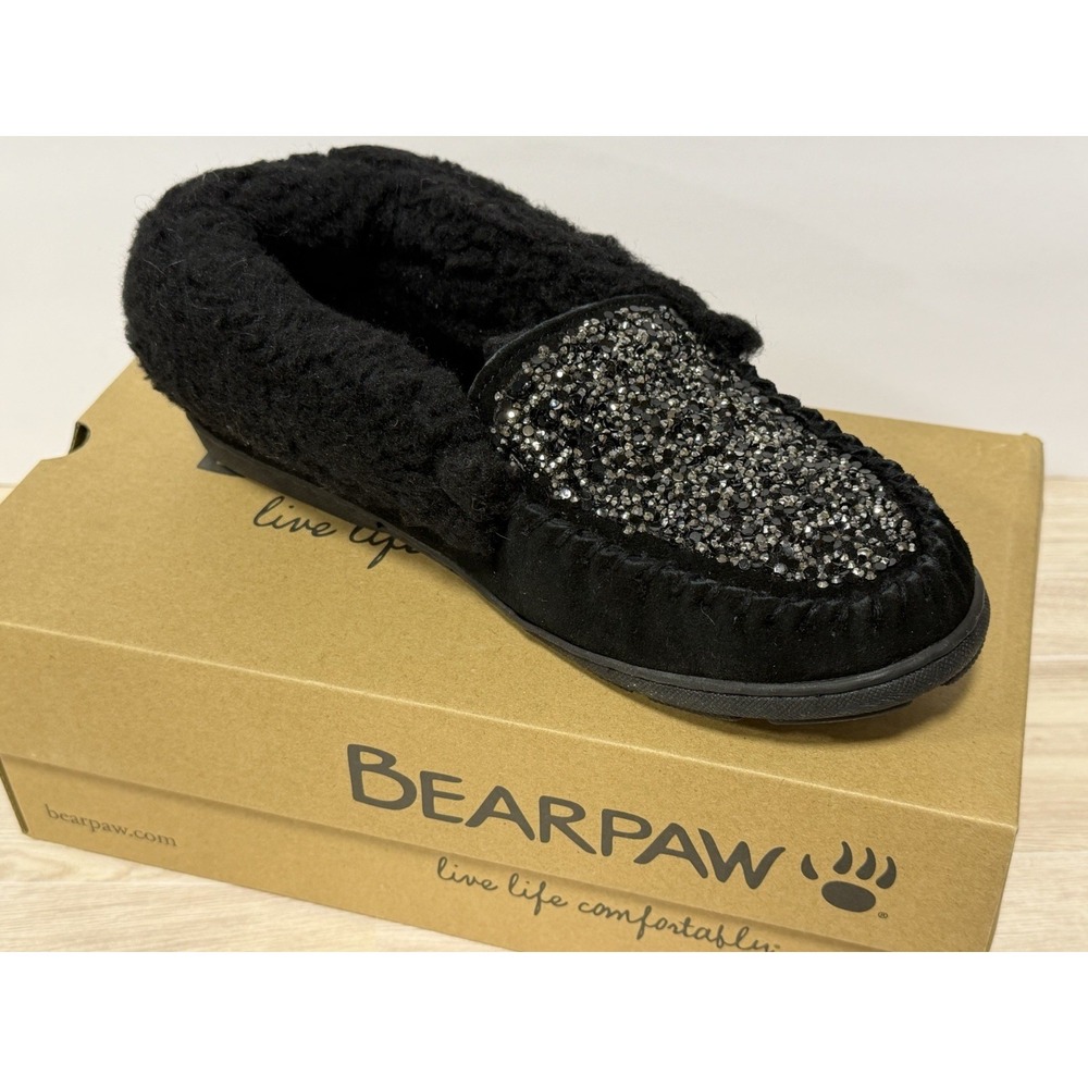 BEARPAW Tiffany Women's Black Suede Crystal Slippers Size 8 M Sheepskin NIB